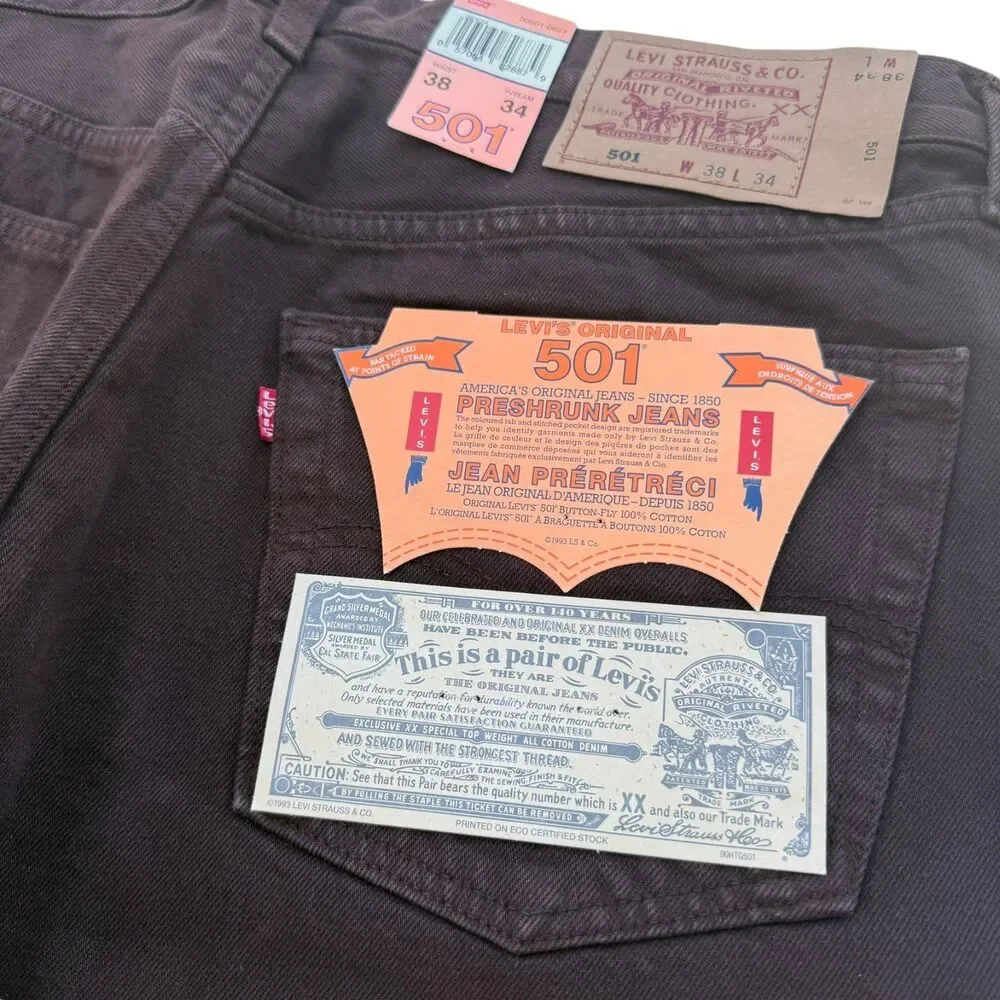 Vintage 1997 Levi's 501 Jeans 38x34 Chocolate Brown NWT Made in Canada Stamp 216
